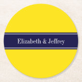 Monogram Solid Yellow, Navy Blue Ribbon Name Ronde Kartonnen Onderzetter (Voorkant)