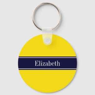 Monogram Solid Yellow, Navy Blue Ribbon Name Sleutelhanger