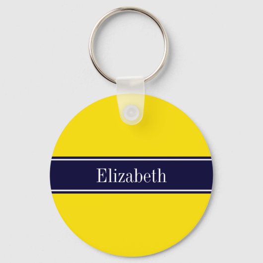 Monogram Solid Yellow, Navy Blue Ribbon Name Sleutelhanger (Voorkant)