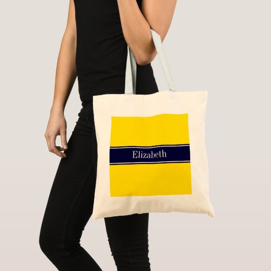 Monogram Solid Yellow, Navy Blue Ribbon Name Tote Bag (Voorkant (product))