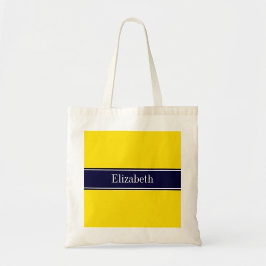 Monogram Solid Yellow, Navy Blue Ribbon Name Tote Bag (Voorkant)