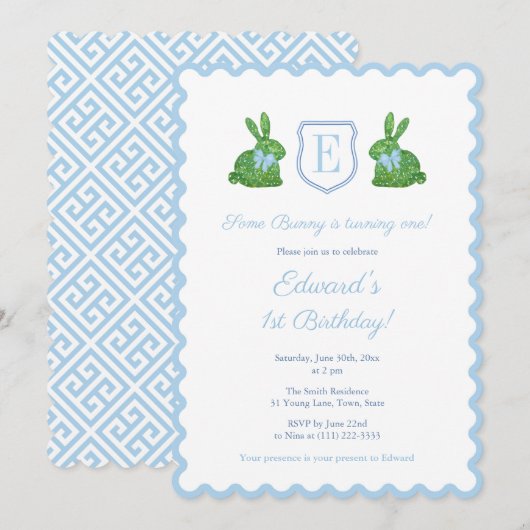 Monogram Some Bunny is een jongen 1e verjaardagsfe Kaart (Voorkant / Achterkant)