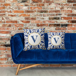 Monogram Spaanse Blauwe Bloem Gele Citroenen Kussen