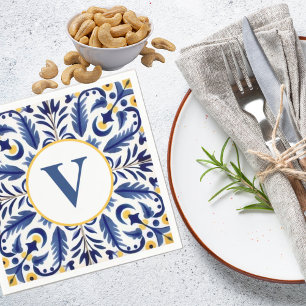Monogram Spaanse Blauwe Bloem Gele Citroenen Servet