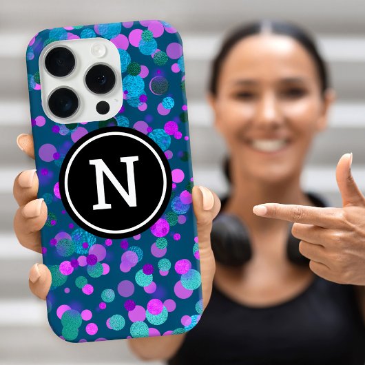Monogram sparkle blauwe paarse confetti stippen op Case-Mate iPhone case