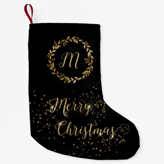 Monogram Sparkly Black Gold Merry kerst Kleine Kerstsok (Voorkant)