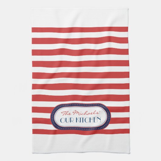 Monogram Sporty Red White Blue Nautical Stripes Theedoek (Verticaal)