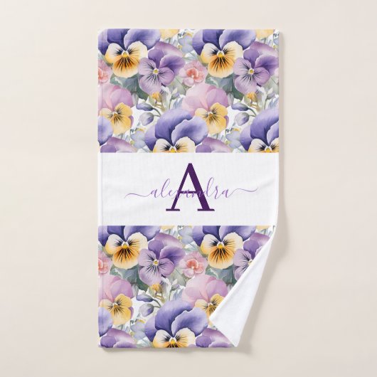 Monogram Spring Pansy Pansies Towel Set Bad Handdoek (Handdoek)