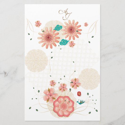 Monogram Spring Peach Flowers Garden Decor Custom Briefpapier (Voorkant)