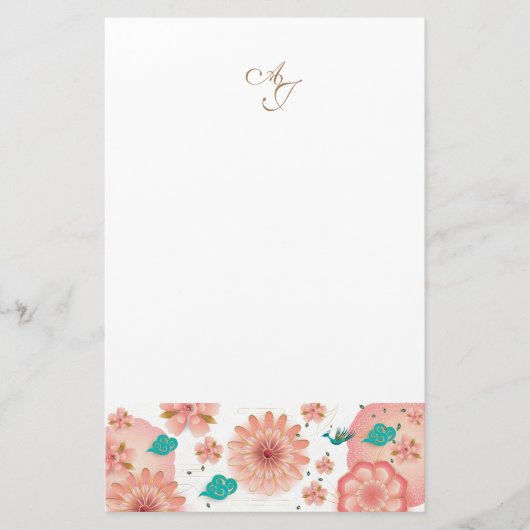 Monogram Spring Peach Flowers Garden Decor Custom Briefpapier (Voorkant)