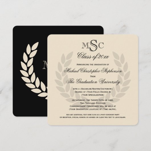 Monogram Square Classic Black College Graduing Kaart (Voorkant / Achterkant)