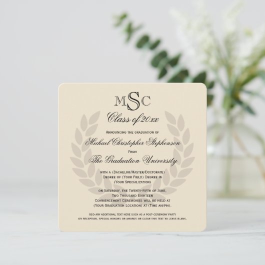 Monogram Square Classic Black College Graduing Kaart (Staand voorkant)