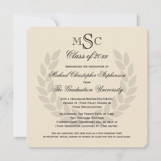 Monogram Square Classic Black College Graduing Kaart (Voorkant)