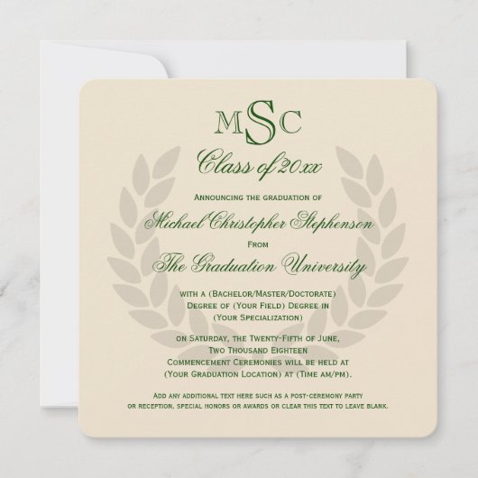 Monogram Square Classic Green College Graduing Kaart (Voorkant)