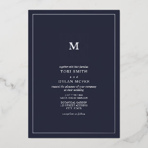 Monogram Square Dark Blue Wedding Folie Uitnodigin Folie Uitnodiging