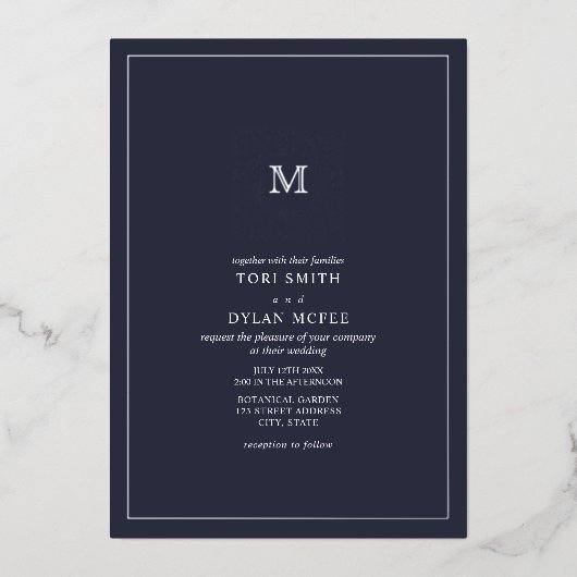 Monogram Square Dark Blue Wedding Folie Uitnodigin Folie Uitnodiging (Voorkant)