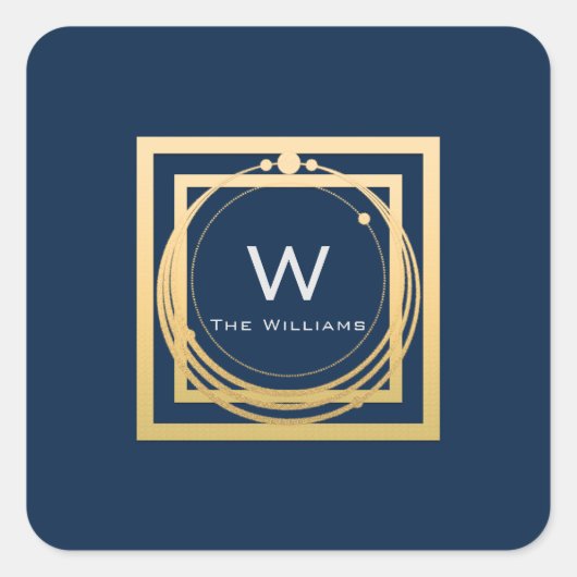 Monogram Square Golden Lijst Minimale Blauw Vierkante Sticker (Voorkant)