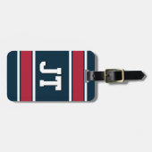 Monogram staal Blauwe en Rode Sportstripes Bagagelabel (Voorkant horizontaal)