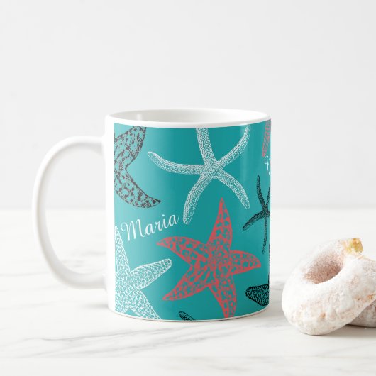 Monogram Starfish op een Turquoise Background Koffiemok (Met donut)