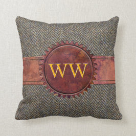 monogram Steampunk Tweed en Leder Kussen