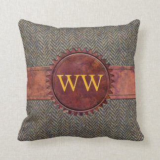 monogram Steampunk Tweed en Leder Kussen