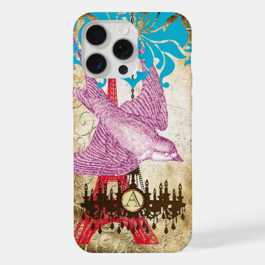 Monogram Steampunk Vogel Eiffeltoren Kroonluchter iPhone Hoesje (Achterkant)