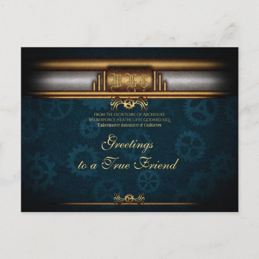 Monogram Steampunked Deco, messing en diep blauw Briefkaart (Voorkant)