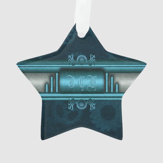 Monogram, Steampunked Deco op ijs blauw en blauwgr Ornament (achterkant)