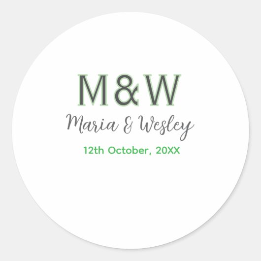 Monogram stel grijs groen modern romantisch datum  ronde sticker (Voorkant)
