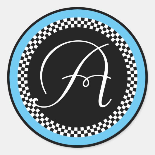 Monogram Sticker met checkboard Blue Border (Voorkant)