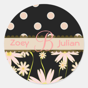 Monogram stickers roze wilde bloemen en polka stip