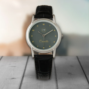 Monogram Stijlvol Goud & Bosgroen Horloge
