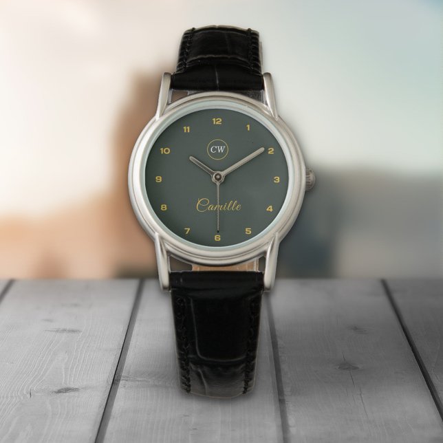 Monogram Stijlvol Goud & Bosgroen Horloge (Monogram Stylish Gold & Forest Green Watch)