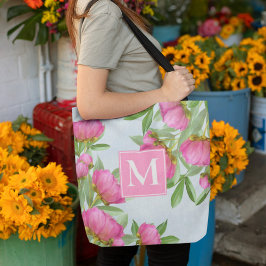 Monogram Stijlvol Initiaal Roze Waterverf Bloemen Tote Bag