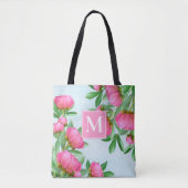 Monogram Stijlvol Initiaal Roze Waterverf Bloemen Tote Bag (Voorkant)