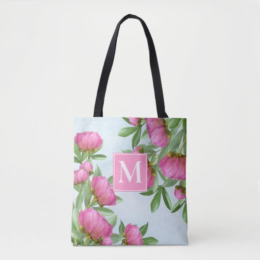 Monogram Stijlvol Initiaal Roze Waterverf Bloemen Tote Bag (Voorkant)