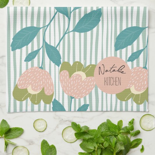 Monogram stijlvol Manuscript Retro Floral blauw Theedoek (Gevouwen)