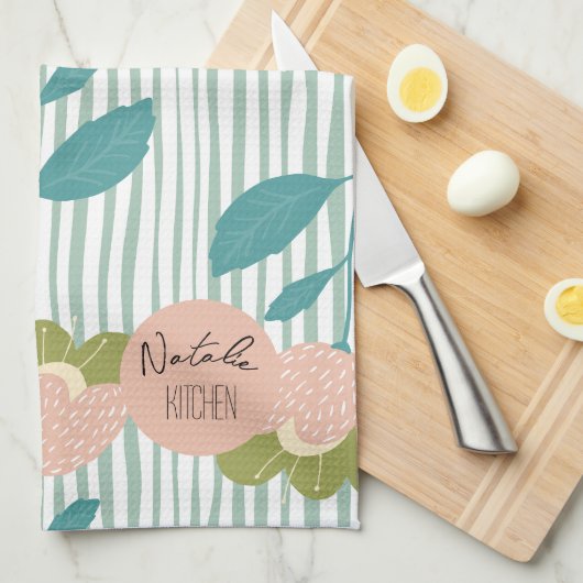 Monogram  stijlvol Manuscript Retro Floral blauw Theedoek (Quarter Fold)