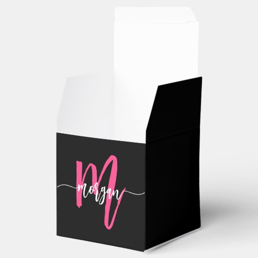 Monogram Stijlvol Modern Hot Pink Black Bedankdoosjes (Geopend)