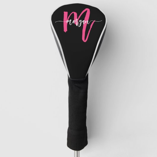 Monogram Stijlvol Modern Hot Pink Black Golfheadcover (Voorkant)
