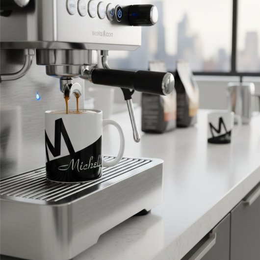 monogram stijlvol zwart-wit kleurenblok koffiemok