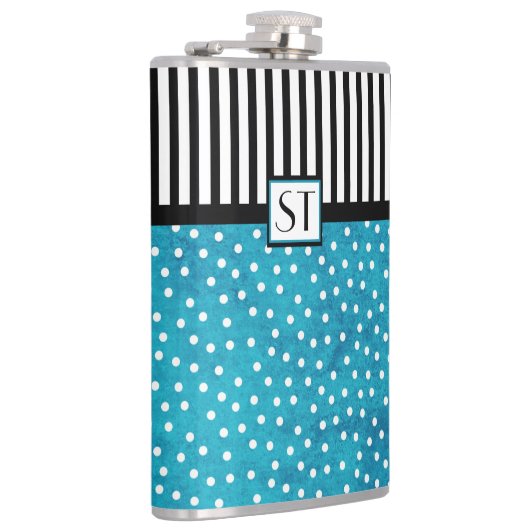 Monogram Stijlvolle Blauwe Blauwe Dot Black Stripe Heupfles (Rechts)