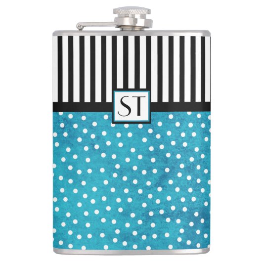 Monogram Stijlvolle Blauwe Blauwe Dot Black Stripe Heupfles (Voorkant)