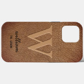 Monogram stijlvolle gouden script naam bruin leer Case-Mate iPhone case (Achterkant (horizontaal))