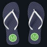 Monogram Stippen van de marine en de Groene Tiny Teenslippers<br><div class="desc">Aangepast afgedrukte flip flop sandalen met een schattig meisjespokpuntpatroon en je aangepaste monogram of andere tekst in een cirkelvormige lijst. Klik aanpassen het om tekstdoopvonten en kleuren te veranderen of uw eigen afbeeldingen toe te voegen om unieke één van een soortontwerp te creëer!</div>