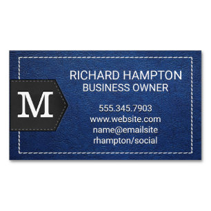 Monogram   Stitched Blue Leather en Patch Magnetisch Visitekaartje