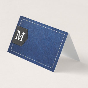 Monogram   Stitched Blue Leather en Patch Visitekaartje