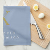 Monogram Stof Blauw Goud Wit Modern Minimalistisch Theedoek (Quarter Fold)
