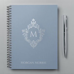 Monogram Stofblauw Elegant Vintage Wapen en Naam Notitieboek