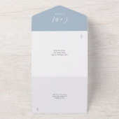 Monogram Stofblauw Modern Script Trouwfeest All In One Uitnodiging (Buitenkant)